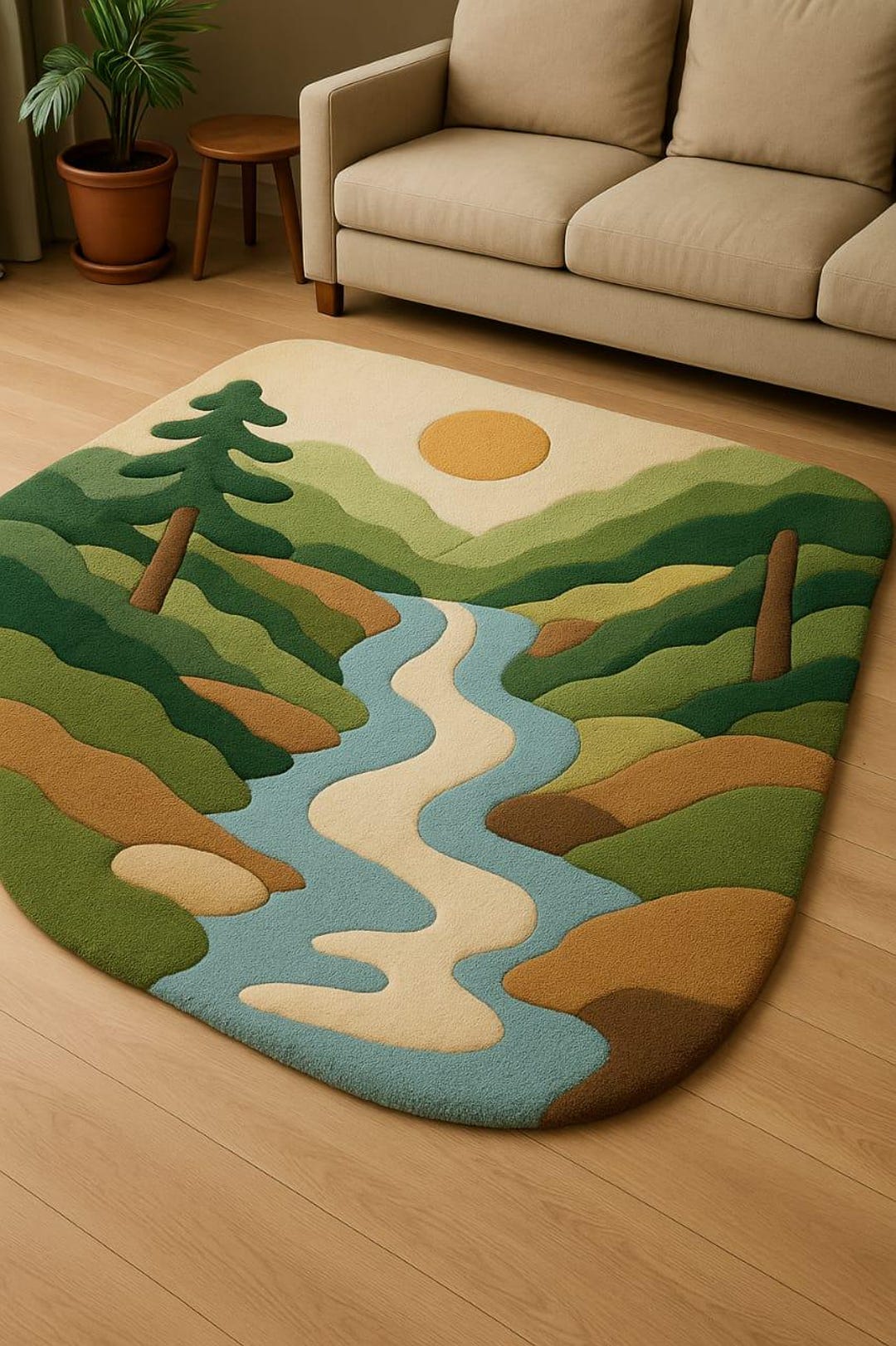 Hand Tufted Wool Rug, Scenic Mountain River Landscape Design - Etsy