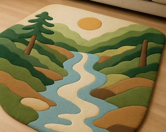 Hand Tufted Wool Rug, Scenic Mountain River Landscape Design