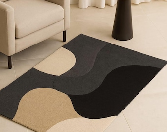 Hand-Tufted Wool Area Rug, Abstract Black Beige Gray Design