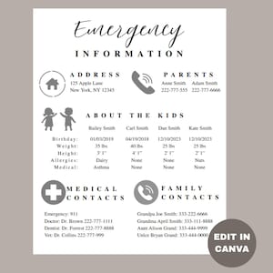 Editable Emergency Contact Form | Printable Emergency Info Sheet | Family, Babysitter, Caregiver Template