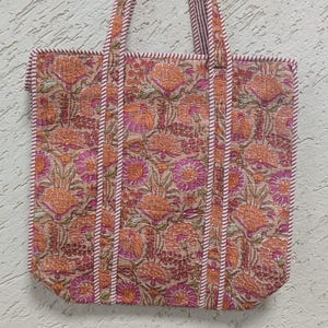 Handmade Quilted Tote Bag for Women | Block Printed Orange Floral Cotton Bag with Pink Flowers | Everyday Shoulder Bag | Travel Tote Bag