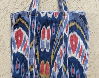 Handmade Indigo Ikat Quilted Tote Bag: Boho Cotton Shoulder Bag