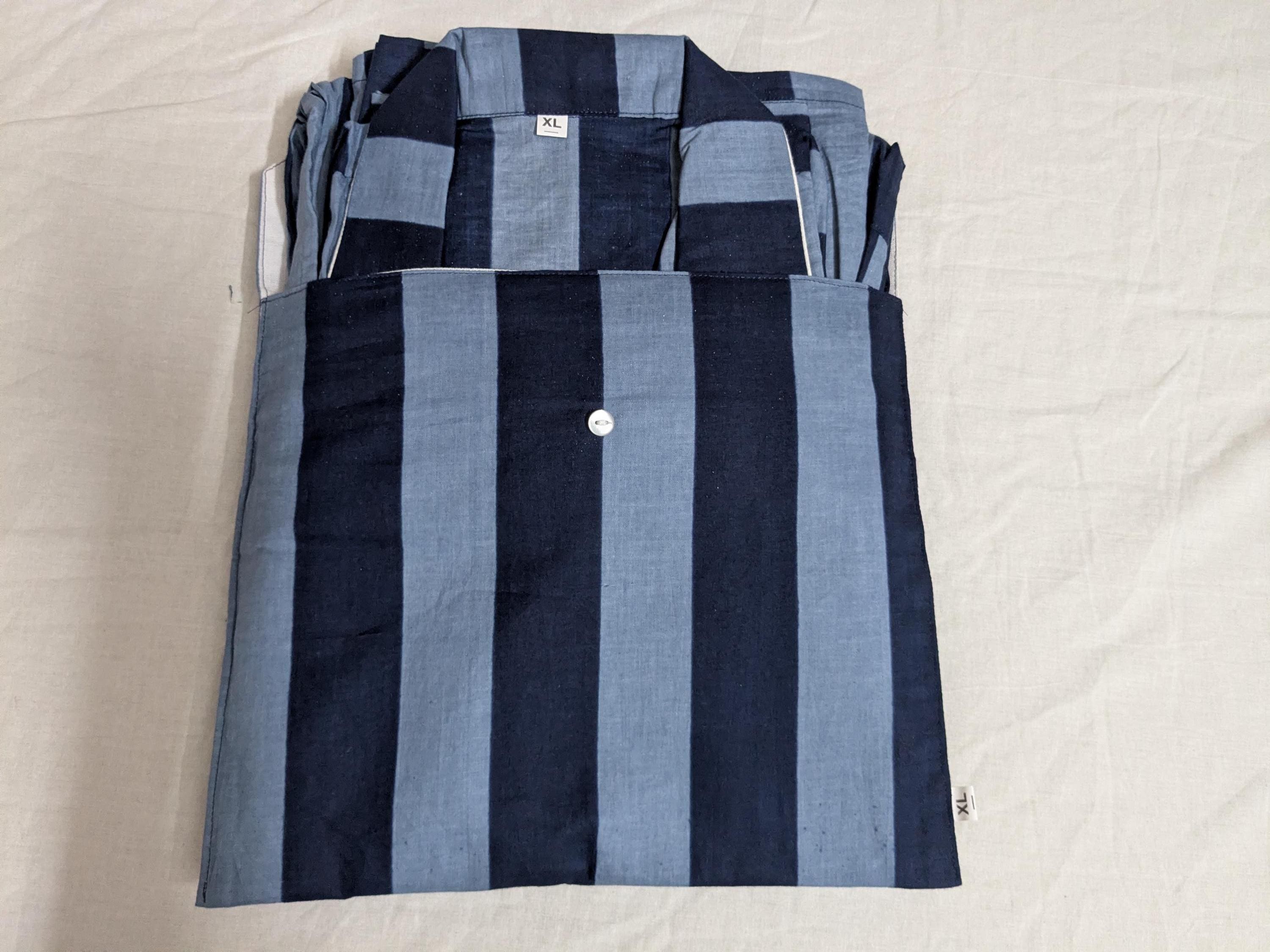 Midnight Light Blue Striped PJ Set Long Sleeve Button-Down Pajamas with White Piping Matching Sleepwear Co-ord & Travel Pouch