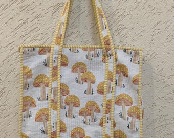 Quilted Mushroom Print Tote Bag: Handmade Cotton Cottagecore Purse