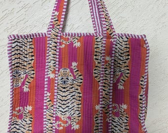 Handmade Tiger Print Quilted Tote Bag | Pink Orange Cotton Shoulder Bag