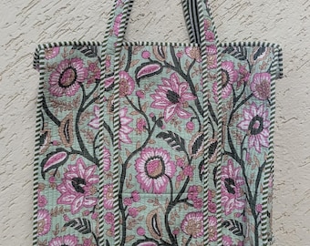 Mint Green Floral Quilted Cotton Tote Bag: Hand Block Printed Boho Market Bag