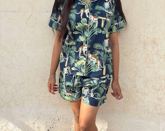 Jungle Print Cotton Pajama Set for Women | Leopard PJ Shorts Set | Button Down Sleepwear | Tropical Lounge Set with Matching Pouch