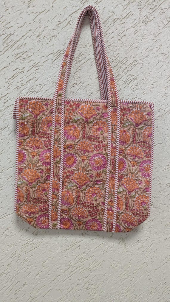 Handmade Quilted Tote Bag: Orange Floral Block Print Cotton Shoulder Bag