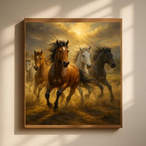 Running Horses Wall Art, Wild Horse Painting with Dust & Motion Effect, Western Cowboy Decor, Equestrian Gift, Rustic Farmhouse Artwork