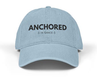 Embroidered Denim Baseball Cap, Anchored in Grace, Light Blue Cotton Faith Hat