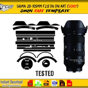 Può includere: Un modello di taglio della pelle in bianco e nero per un obiettivo Sigma 28-105mm F2.8 DG DN ART (Sony). L'immagine include il testo "SKINCUT Ultra", "SKIN CUT TEMPLATE" e "TESTED". È un download immediato, non un prodotto fisico.