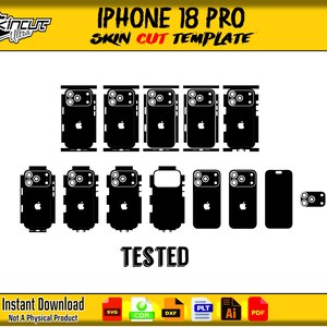 Puede incluir: Una plantilla de corte digital para iPhone 18 Pro con contornos vectoriales negros de varios componentes del teléfono, incluyendo paneles traseros, módulos de cámara y marcos laterales. El texto dice SkinCut Ultra, IPHONE 18 PRO SKIN CUT TEMPLATE y TESTED.