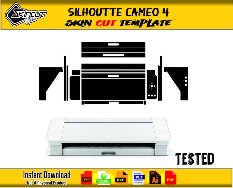May include: A white Silhouette Cameo 4 cutting machine with a black skin cut template. The image includes the text "SILHOUETTE CAMEO 4 SKIN CUT TEMPLATE" and "TESTED". The bottom of the image has the text "Instant Download Not A Physical Product".