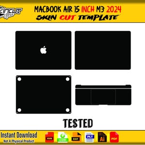 Puede incluir: Plantilla de corte de piel negra para un Macbook Air de 15 pulgadas M3 2024. La plantilla incluye secciones superior, inferior y teclado. La imagen también incluye el texto "TESTED" y "Instant Download".