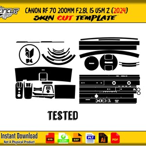 Könnte beinhalten: Ein schwarz-weiß Skin Cut Template für eine Canon RF 70 200mm F2.8L IS USM Z (2024) Kamera. Das Bild enthält verschiedene Ausschnitte und das Wort "TESTED". Das untere Banner lautet "Sofort-Download, kein physisches Produkt".