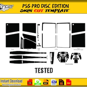 Può includere: Modello di taglio della pelle in bianco e nero per una PS5 Pro Disc Edition, inclusi pannelli anteriori, posteriori e laterali, controller e la parola "TESTED". L'immagine include anche il testo "Instant Download".
