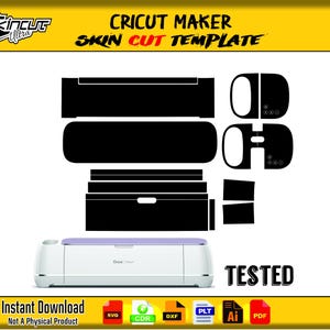 Puede incluir: Una máquina Cricut Maker blanca con una parte superior morada, acompañada de plantillas de corte de piel negras. La imagen incluye el texto "CRICUT MAKER SKIN CUT TEMPLATE" y "TESTED". Las palabras "Instant Download" también son visibles.