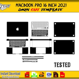 Puede incluir: Una plantilla en blanco y negro para un corte de piel de Macbook Pro de 16 pulgadas 2021. La plantilla incluye contornos de los componentes del portátil, como el teclado, la cubierta superior y el panel táctil. El texto "TESTED" también es visible.