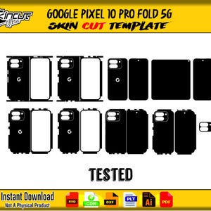Op de afbeelding: Een zwart-wit skin cut sjabloon voor een Google Pixel 10 Pro Fold 5G telefoon. De sjabloon bevat verschillende uitsparingen voor de componenten van de telefoon, met het woord "TESTED" eronder. De afbeelding bevat ook de tekst "Instant Download".