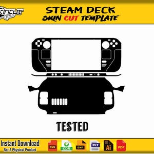 May include: Black skin cut template for a Steam Deck, with the text "STEAM DECK SKIN CUT TEMPLATE" at the top. The word "TESTED" is at the bottom. The image also includes the text "Instant Download Not A Physical Product".