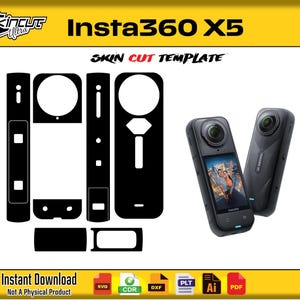 Puede incluir: Una plantilla de corte de piel de cámara Insta360 X5 negra con una cámara a juego. La plantilla es en blanco y negro, con el texto "Insta360 X5" y "SKIN CUT TEMPLATE". La imagen también incluye iconos de tipo de archivo.