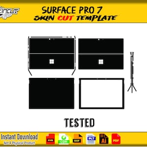 May include: A black and white template for a Surface Pro 7 skin cut, showing the outlines of the device's parts. The image includes the text "SURFACE PRO 7 SKIN CUT TEMPLATE" and "TESTED". Also includes the text "Instant Download Not A Physical Product".