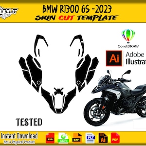 May include: A black and white motorcycle skin cut template for a BMW R1300 GS-2023. The image includes a motorcycle graphic, vector file icons, and the text "TESTED" and "Instant Download". The design is compatible with CorelDRAW and Adobe Illustrator.