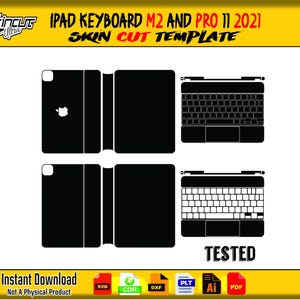 Puede incluir: Una plantilla de corte de piel negra para teclados de iPad, incluidos los modelos M2 y Pro 11 2021. El diseño presenta contornos del teclado y del iPad, con el logotipo de Apple visible. Se muestra la palabra "TESTED".