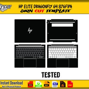 Könnte beinhalten: Schwarze Skin-Cut-Vorlage für einen HP Elite Dragonfly G4 876F1PA Laptop. Die Vorlage enthält obere, untere und Tastaturabschnitte. Das Bild enthält auch den Text "TESTED" und "Instant Download".