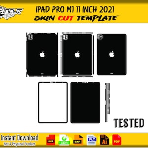 May include: Black iPad Pro M1 11 inch 2021 skin cut templates. The image includes multiple templates with the Apple logo, and the text "TESTED". The image also includes the text "Instant Download Not A Physical Product".