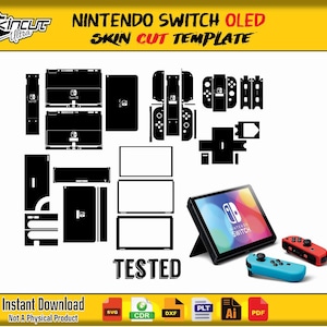 May include: A black and white skin cut template for a Nintendo Switch OLED, with various cutouts for the console and controllers. The image includes a Nintendo Switch OLED console, a blue controller, and a red controller. The text "TESTED" is also visible.