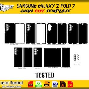 Puede incluir: Una plantilla de corte de piel en blanco y negro para el Samsung Galaxy Z Fold 7. La plantilla incluye varios diseños de corte para la envoltura completa, la parte trasera y la cámara del teléfono. Se muestra el texto "TESTED".