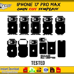 Könnte beinhalten: Schwarze Skin-Cut-Vorlage für ein iPhone 17 Pro Max. Die Vorlage enthält verschiedene Ausschnitte für Gehäuse, Kamera und Bildschirm des Telefons. Das Bild enthält auch den Text "SkinCut Ultra", "IPHONE 17 PRO MAX SKIN CUT TEMPLATE", "TESTED" und "Instant Download Not A Physical Product".