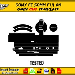 May include: Black skin cut template for a Sony FE 50mm F1.4 GM lens. The design includes various cutouts for the lens body and accessories. The word "TESTED" is displayed below the template, with "Instant Download" text at the bottom.
