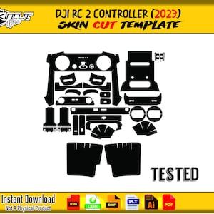 Puede incluir: Plantilla de corte de piel negra para un controlador DJI RC 2 (2023). La plantilla incluye varias formas y recortes para las diferentes partes del controlador. Se muestra el texto "TESTED". La imagen también incluye el texto "Instant Download Not A Physical Product".