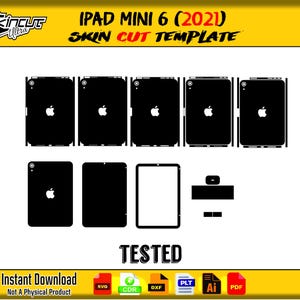 Puede incluir: Plantilla de corte de piel negra para iPad Mini 6 (2021) con el logotipo de Apple. La imagen incluye múltiples plantillas y el texto "TESTED" y "Instant Download".