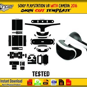 May include: A black and white skin cut template for a Sony Playstation VR with camera 2016. The image includes a VR headset, camera, and other components. The text "TESTED" and "Instant Download" are also visible.