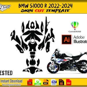 Puede incluir: Plantilla de corte de piel en blanco y negro para una motocicleta BMW S1000 R, modelos 2022-2024. Incluye un gráfico de motocicleta e iconos para CorelDRAW y Adobe Illustrator. También se ve el texto "TESTED" y "Instant Download".