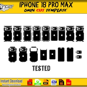 Puede incluir: Una plantilla digital para una piel de iPhone 18 Pro Max, con varios recortes de silueta negra para el cuerpo del teléfono y el módulo de cámara. El gráfico incluye el texto "SKINCUT ULTRA", "IPHONE 18 PRO MAX", "SKIN CUT TEMPLATE" y "TESTED".