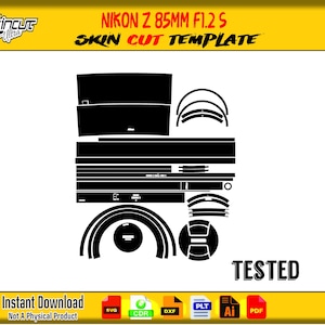 May include: A black and white skin cut template for a Nikon Z 85mm F1.2 S camera lens. The image includes the text "Skincut Ultra", "Skin Cut Template", "Instant Download", and "Tested". The template is not a physical product.