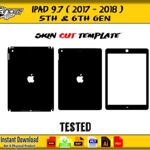 May include: Black iPad skin cut templates for the 9.7-inch iPad (2017-2018), 5th and 6th generation models. The image shows three different templates, including a solid black back, a black back with the Apple logo, and a white screen. The text "SKIN CUT TEMPLATE" is visible.