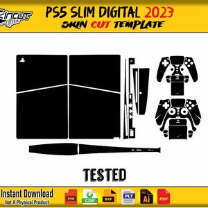 Puede incluir: Plantilla de corte de piel en blanco y negro para una consola PS5 Slim Digital 2023, que incluye la consola, los mandos y los accesorios. La imagen incluye el texto "PS5 SLIM DIGITAL 2023 SKIN CUT TEMPLATE" y "TESTED".