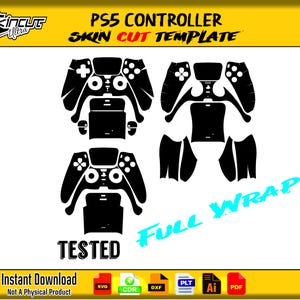 Puede incluir: Plantilla de corte de piel negra para un mando de PS5, con múltiples contornos de mando para una envoltura completa. La imagen incluye el texto "PS5 CONTROLLER SKIN CUT TEMPLATE", "TESTED" y "FULL WRAP".