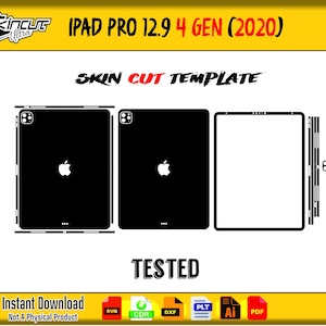 May include: Black and white template for an iPad Pro 12.9 4 Gen (2020). The template includes outlines for the front, back, and sides of the device, with the Apple logo visible. The text "SKIN CUT TEMPLATE" and "TESTED" are also present.