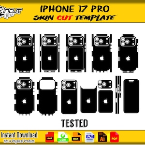 Könnte beinhalten: Schwarz-weiße Grafik einer iPhone 17 Pro Skin Cut Vorlage. Die Vorlage enthält verschiedene Ausschnitte für die Komponenten des Telefons, wobei das Apple-Logo auf mehreren Designs sichtbar ist. Der Text "IPHONE 17 PRO SKIN CUT TEMPLATE" wird angezeigt.