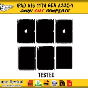 May include: Black skin cut template for iPad A16 11th Gen A3354. The template includes multiple cutouts for the device, with the Apple logo visible on some. The image also includes the text "TESTED" and "Instant Download".