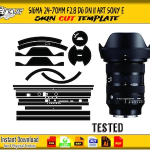 Op de afbeelding: Een zwarte Sigma 24-70mm F2.8 DG DN II ART Sony E lens met een skin cut template. De afbeelding bevat de tekst "SKINCUT Ultra" en "TESTED". Ook inbegrepen is de tekst "Directe download Geen fysiek product".