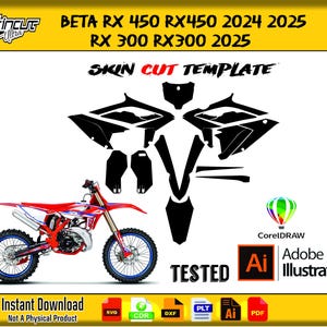 Può includere: Una moto da cross rossa e bianca con ruote blu è mostrata accanto a un modello di taglio della pelle nero. L'immagine include il testo "BETA RX 450 RX450 2024 2025 RX 300 RX300 2025" e "SKIN CUT TEMPLATE".