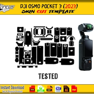 May include: A black skin cut template for a DJI Osmo Pocket 3 (2023) camera. The template includes various cut-out shapes and the word "TESTED". The image also includes the text "Instant Download" and file type icons.