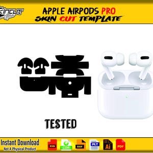 以下が含まれることがあります： 白いApple AirPods Proケースと2つの白いイヤホン、黒いスキンカットテンプレート。 「APPLE AIRPODS PRO SKIN CUT TEMPLATE」の文字は赤と黒で表示されています。「TESTED」の文字も表示されています。